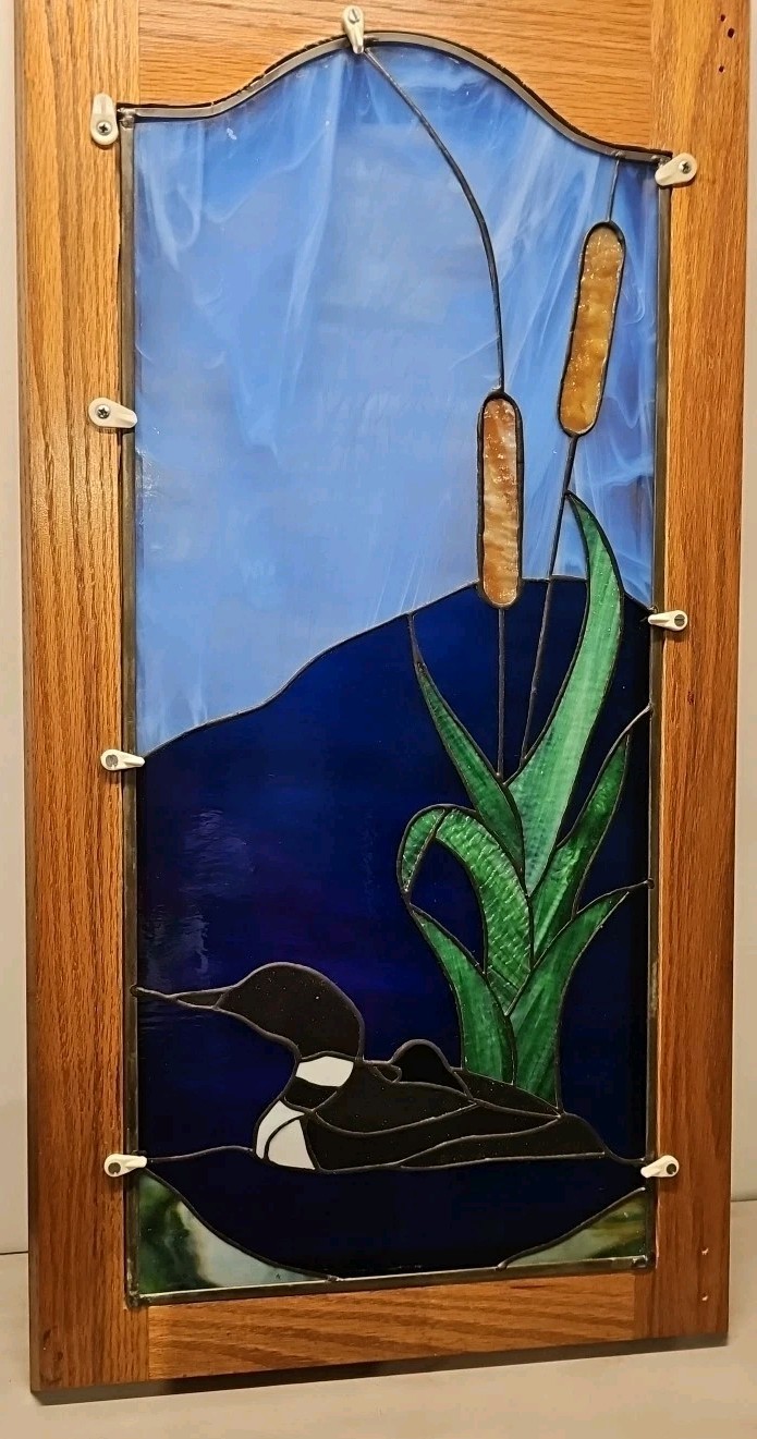 Vintage Lg Stained Glass Panel Cattails, Loon – removeable wood frame Beautiful!