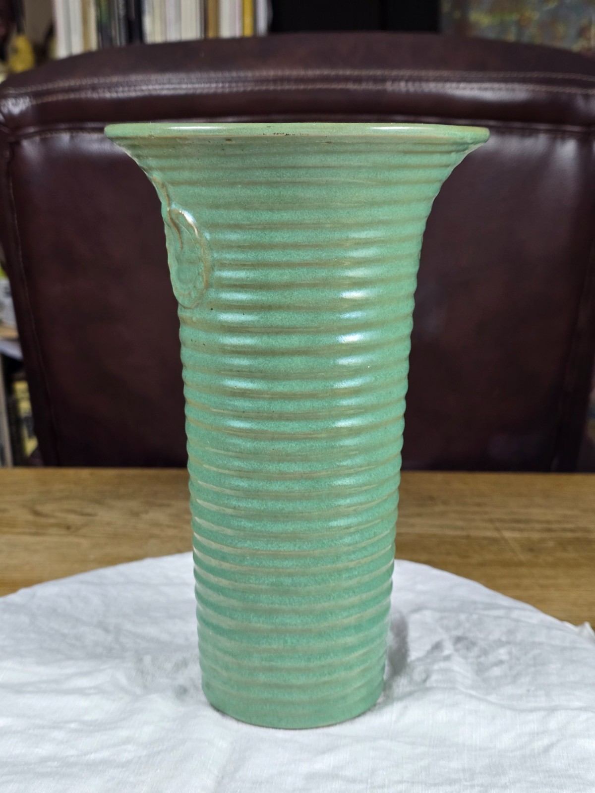 Vintage Uhl Art Pottery Vase Teal – Egyptian Blue Ribbed Arts Crafts – 10″ Tall