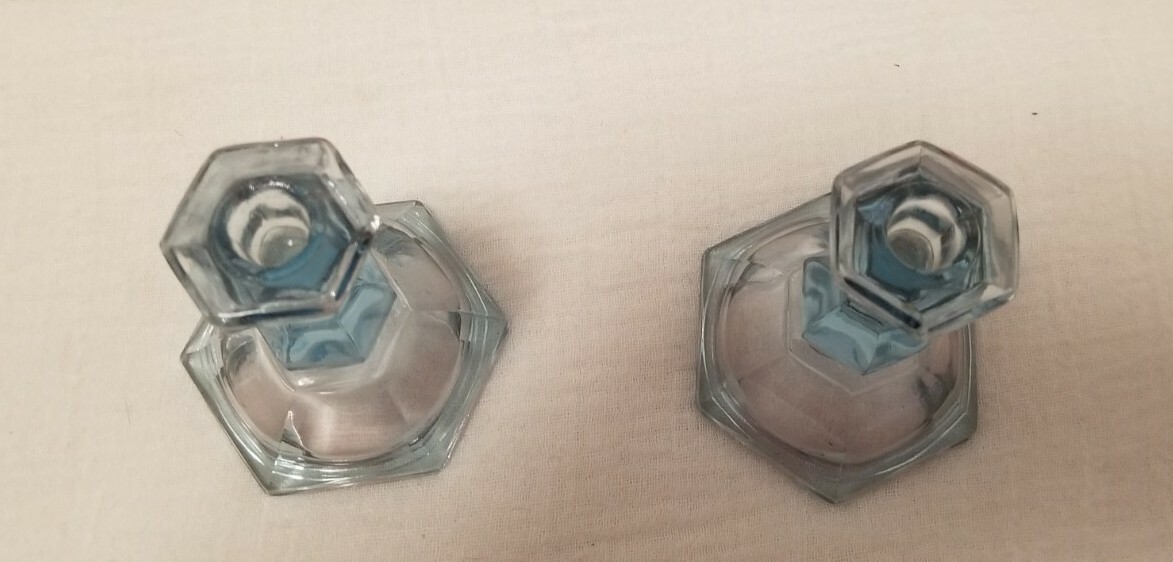 VINTAGE BLUE CANDLEHOLDERS & DISH SET VERY RARE POSSIBLE FENTON/DEPRESSION 3 PCS