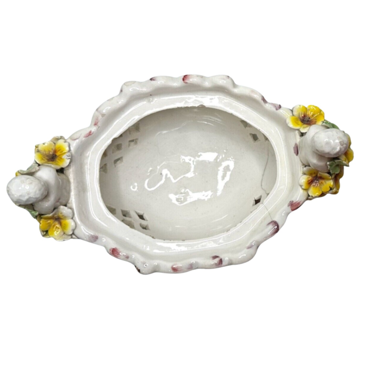 Vintage Bowl Vase Server, Italy, Hand Painted Floral Design, Two Cherubs