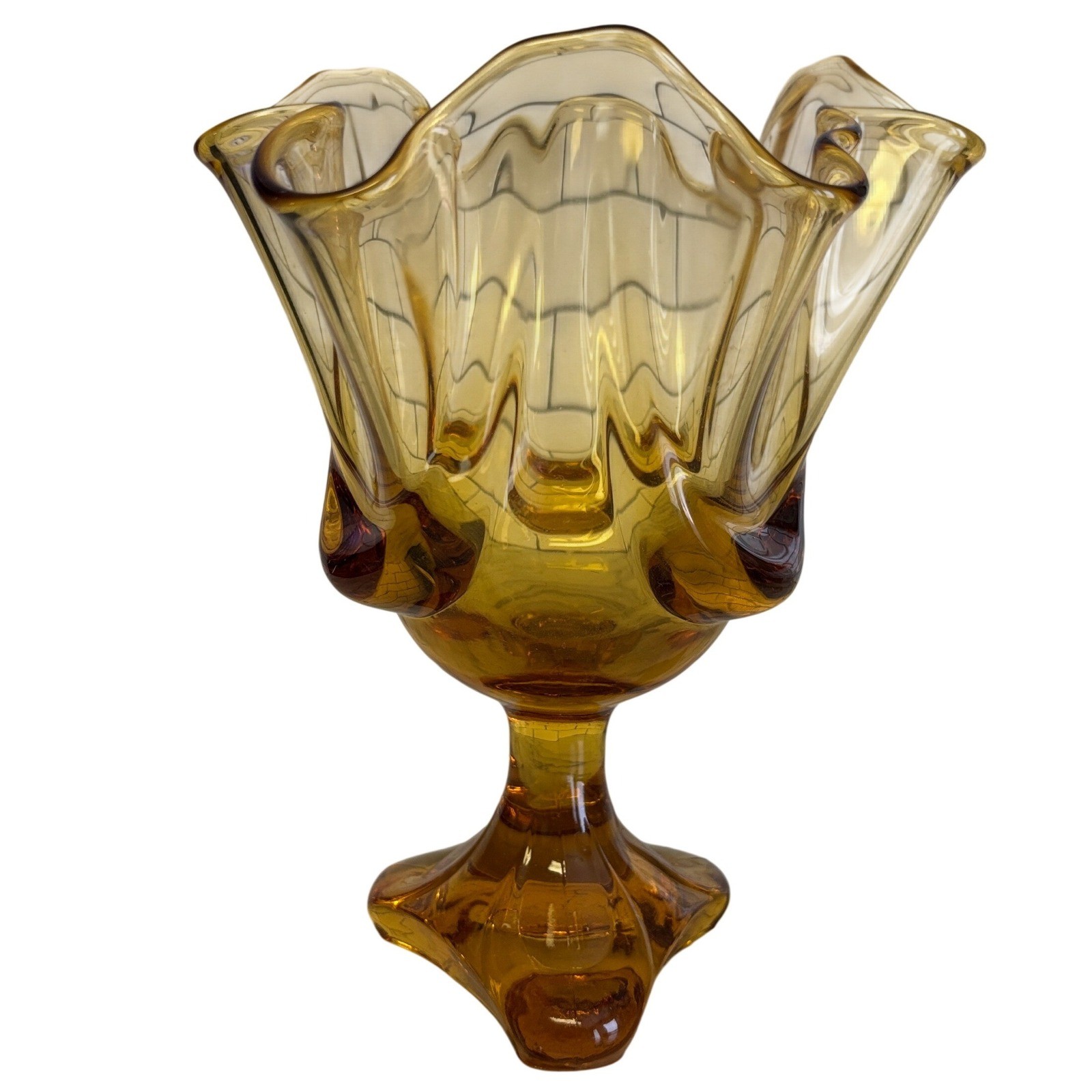 Viking Amber Glass Handkerchief Dish Vase 8″ Six Petal Pedestal MCM