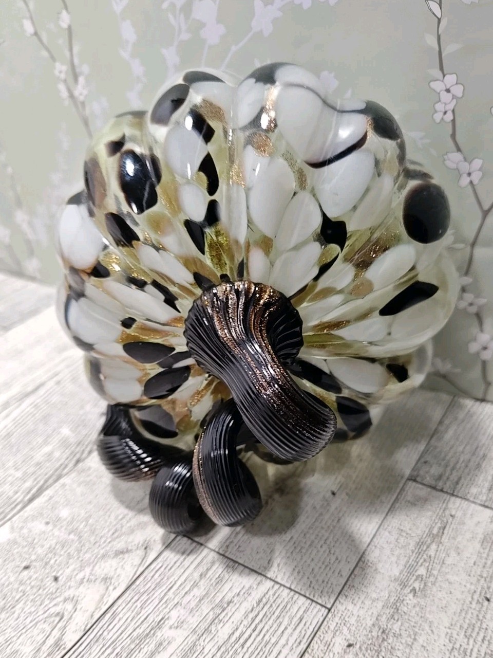 Hand Blown Art Glass Pumpkin Copper Black White Medium Swirl Glitter Decorative