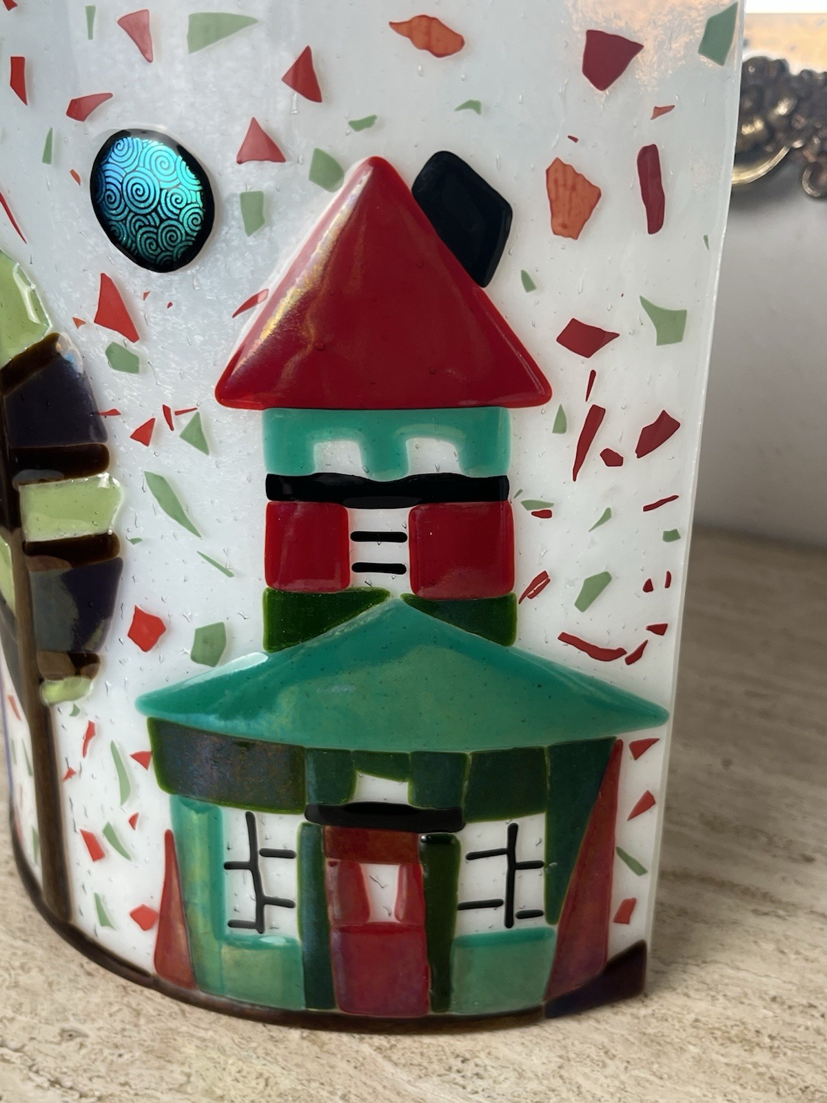 Fused Glass Art Houses Curved Sculpture 3D City Town Tree Abstract Centerpiece