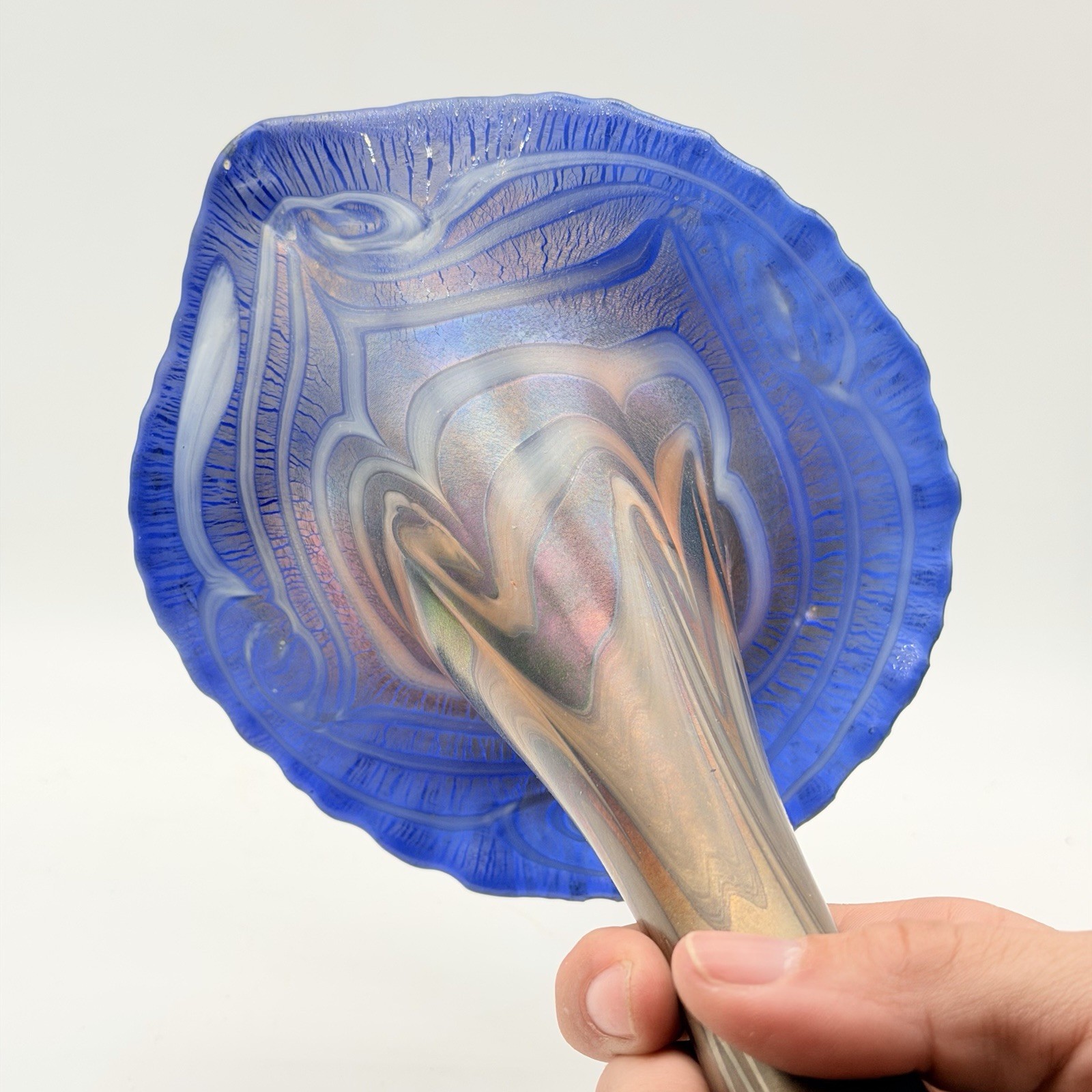 Studio Art Glass Calla Lily Vase Blue Iridescent Orange Swirl 11” Gorgeous!