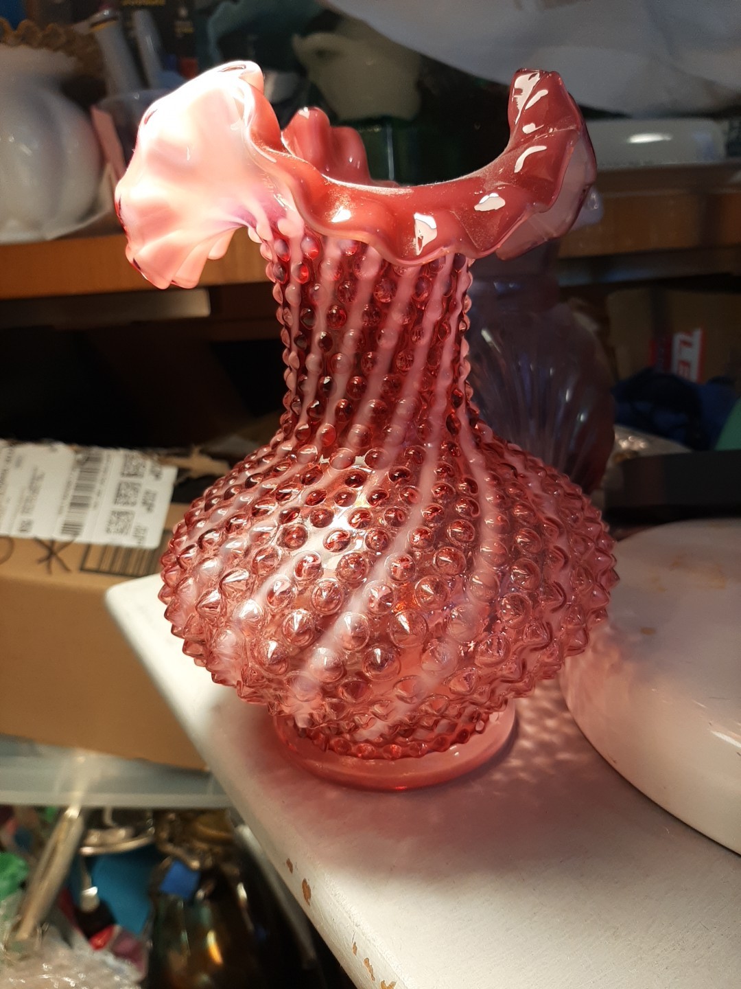 Vintage Fenton Cranberry Opalescent CandySwirl Hobnail Vase STUNNING EXCELLENT!