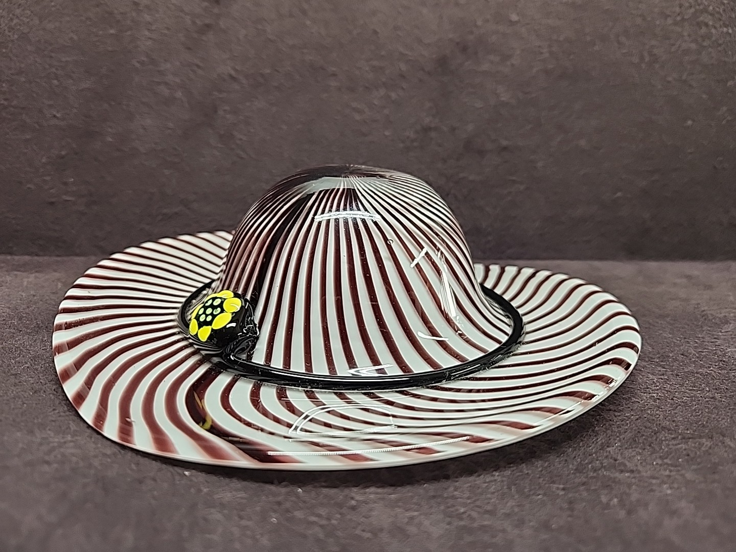 Murano Style Hat Art Glass Hand Blown Brown and White Stripes & Yellow Flower