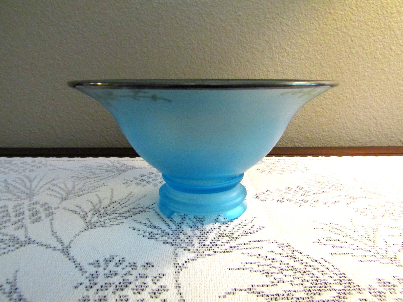 Tiffin Sky Blue Satin Glass CONSOLE BOWL & CANDLESTICK HOLDERS / Silver Overlay