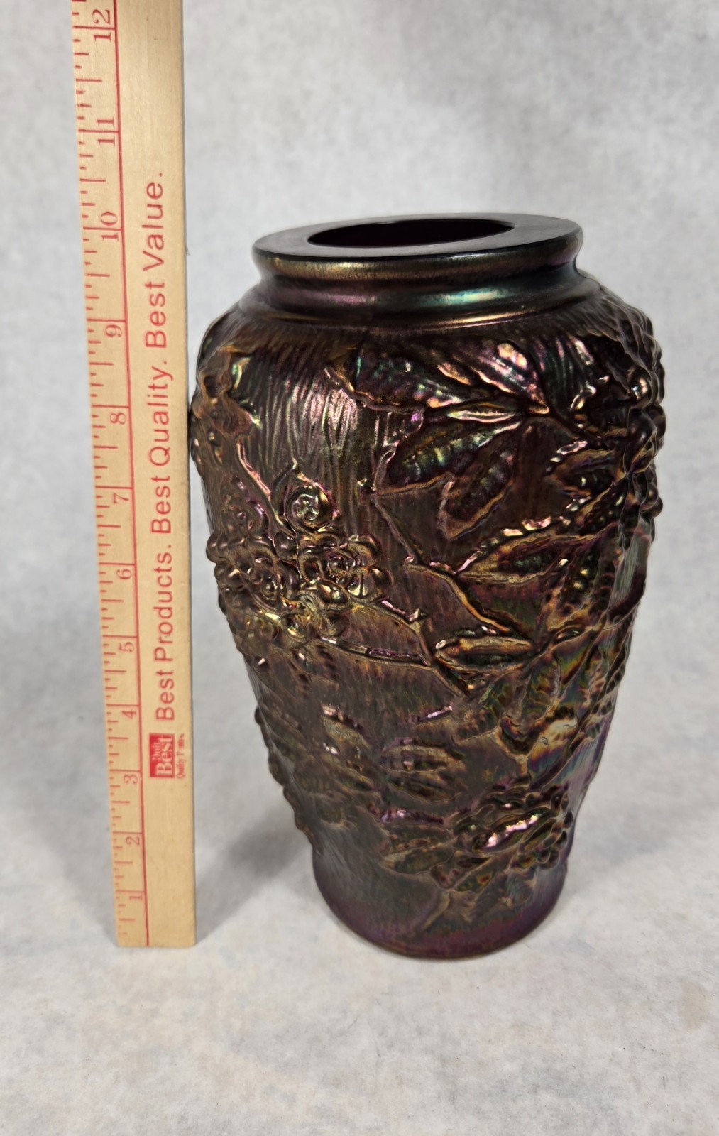 Fenton Peacock Garden Auburgine Marigold Carnival Glass Vase 10″ GORGEOUS