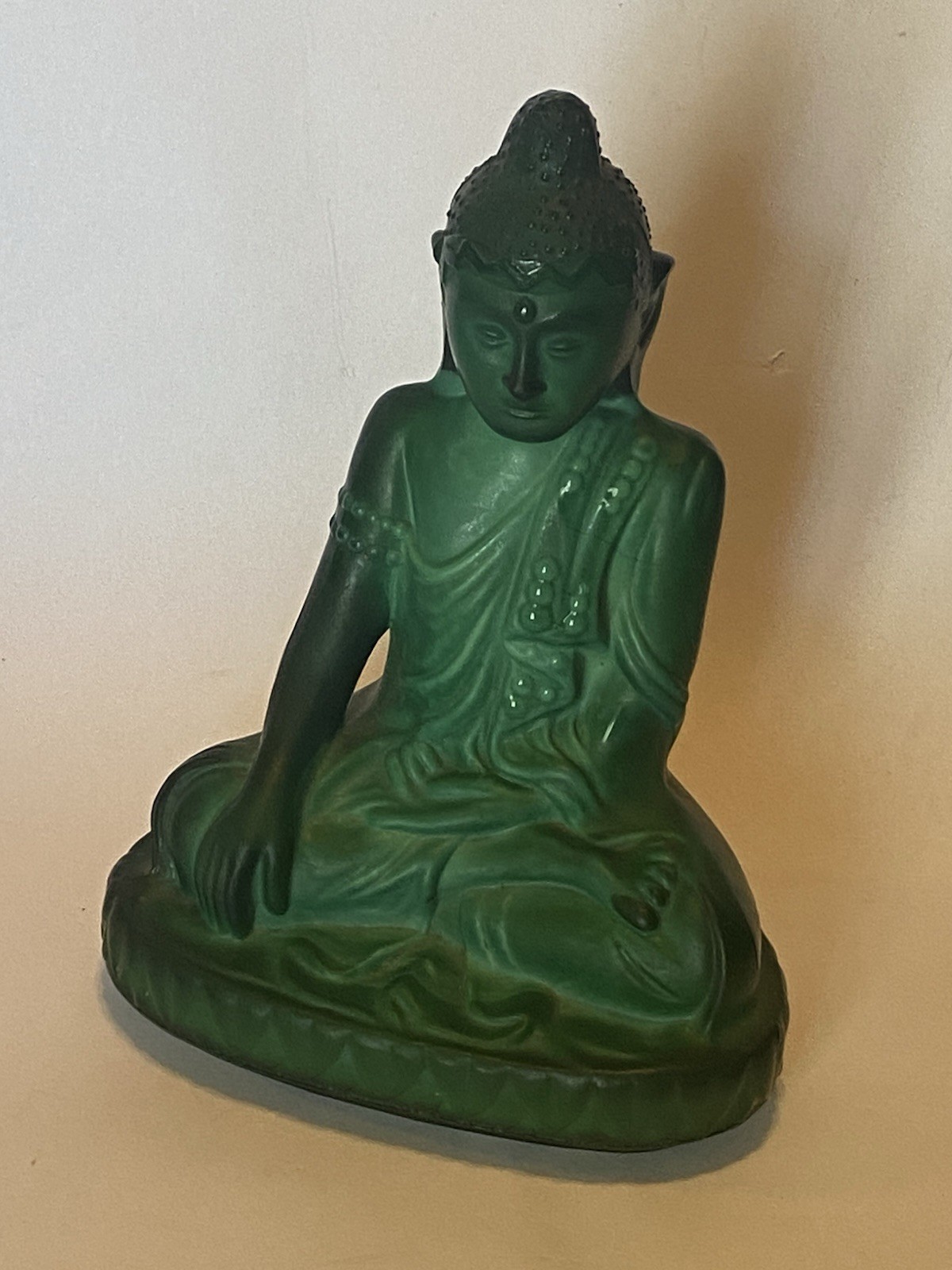 Curt Schlevogt Malachite Green Buddha Glass 8” Ingrid Series, 1930’s Czech Deco