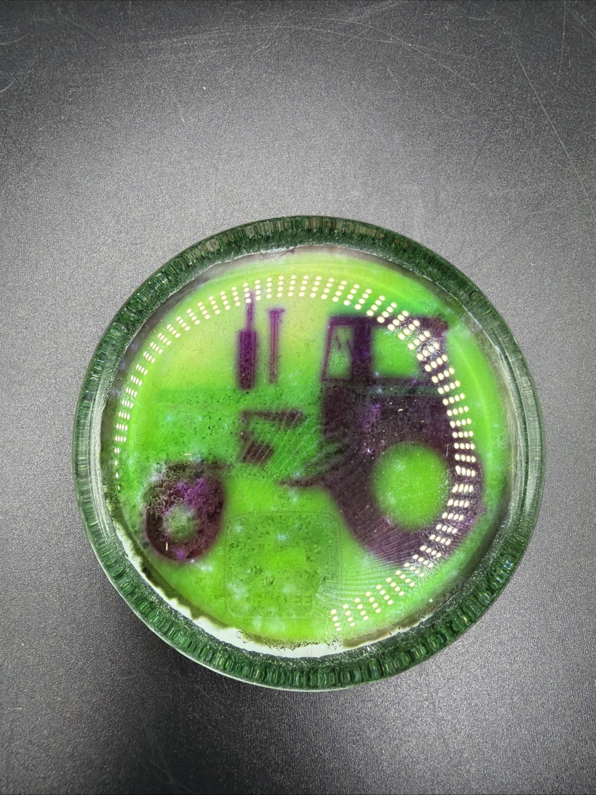 Art Glass Paperweight Round Tractor Design Green And Purple