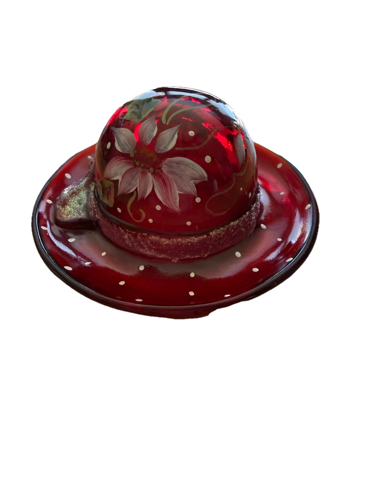 Fenton Red Hat Hand Painted Poinsettias Glitter Band Stand 5385 T7