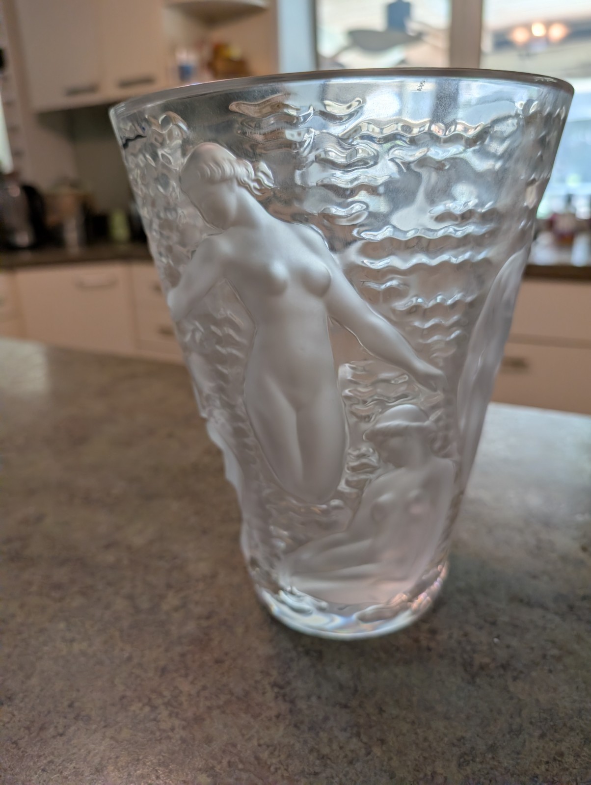 Beautiful Large 9.5″ Lalique France Crystal Vase Frosted Nude Nymphs Ondines