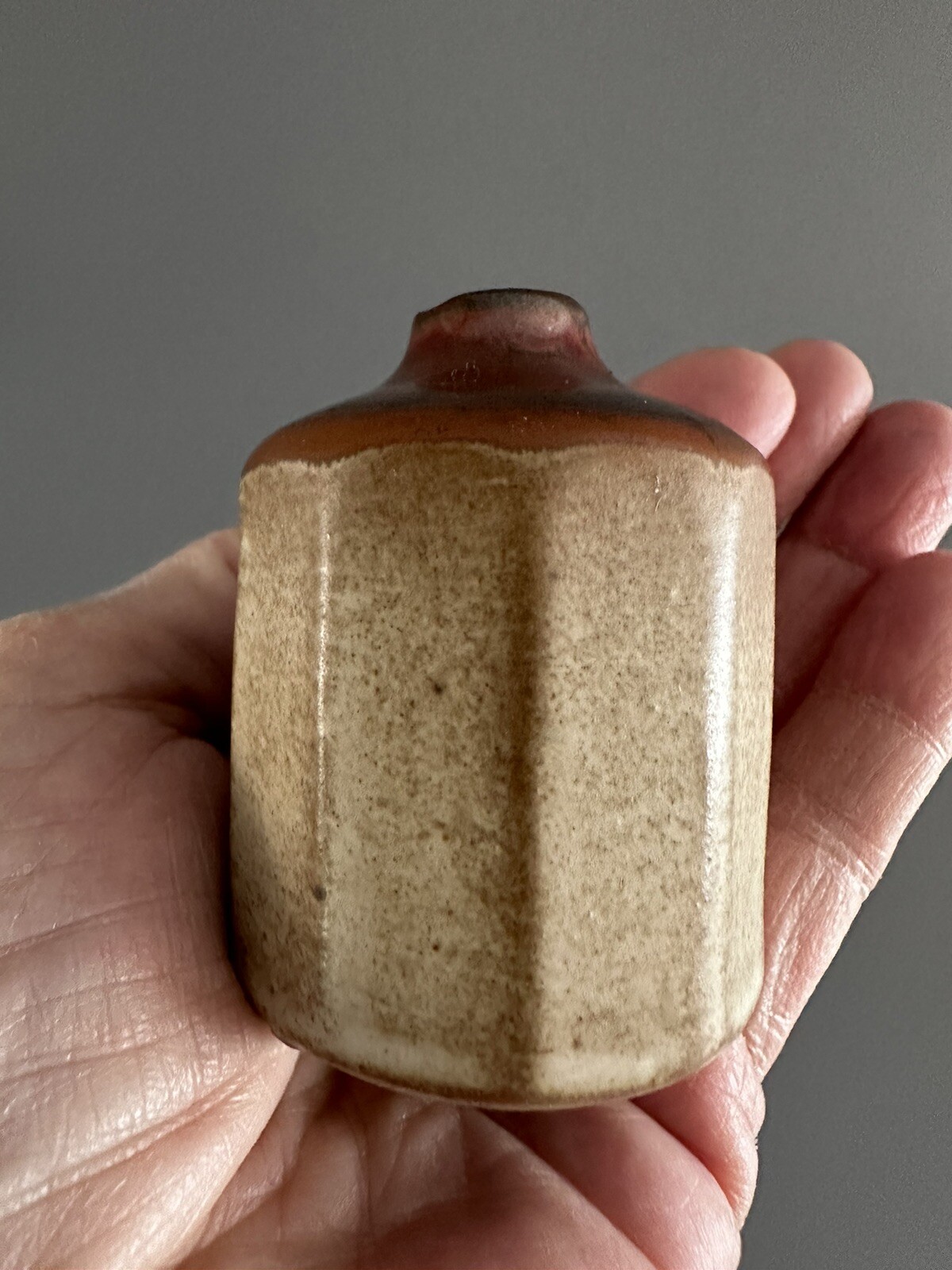 3 Japan vintage Faceted Stoneware Mini Bud Vases brown cream 2.25″ MCM