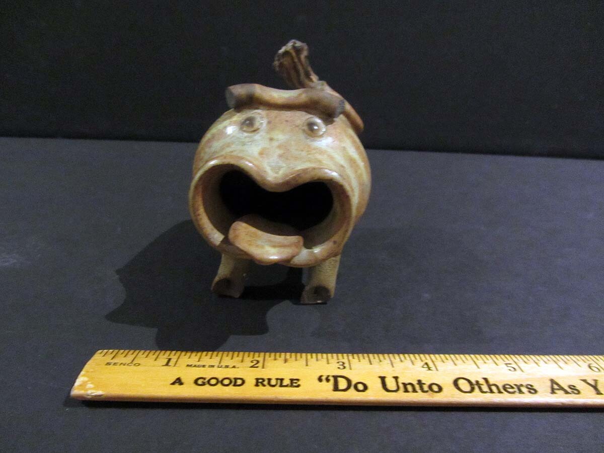 Small SOUTHWESTERN WILD BOAR Figural Ashtray Signed MARIE or MARIA Damaged Horns