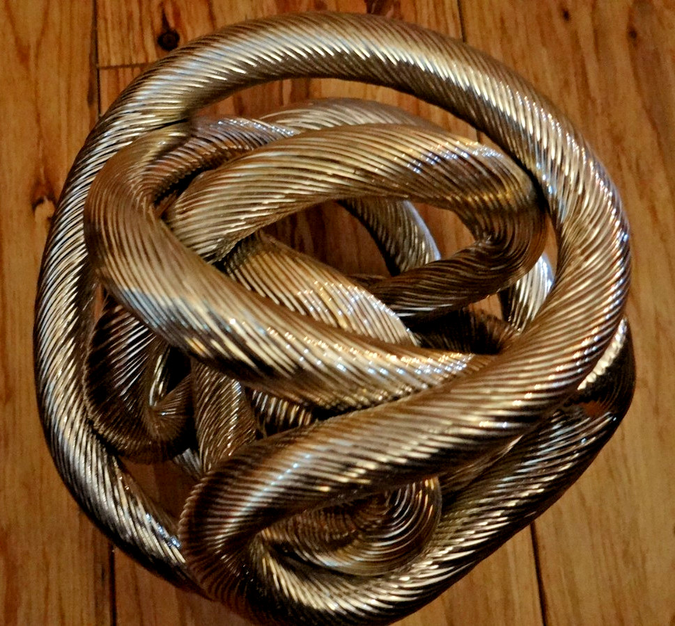Gold Art Glass Knot Orb Sculpture 6” Twisted Ribbed Modern Decor Accent
