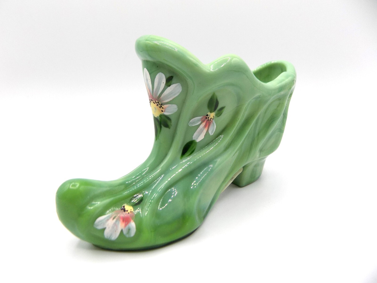 Vintage FENTON Jadeite Slag Glass Hand Painted Shoe Slipper by S MILLER