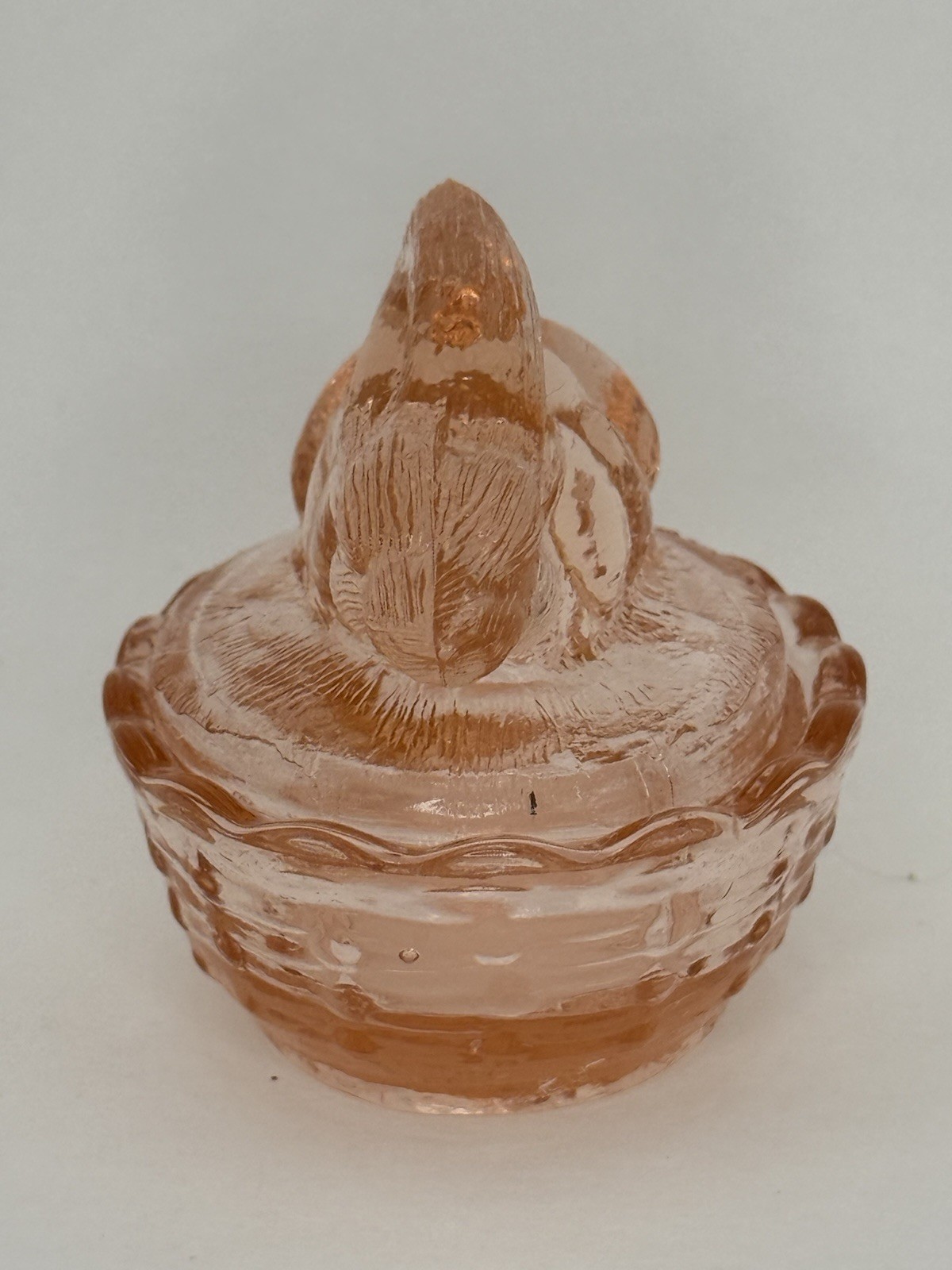 Vintage Bunny Rabbit On Nest Mini Pink Glass Trinket Dish Salt Cellar