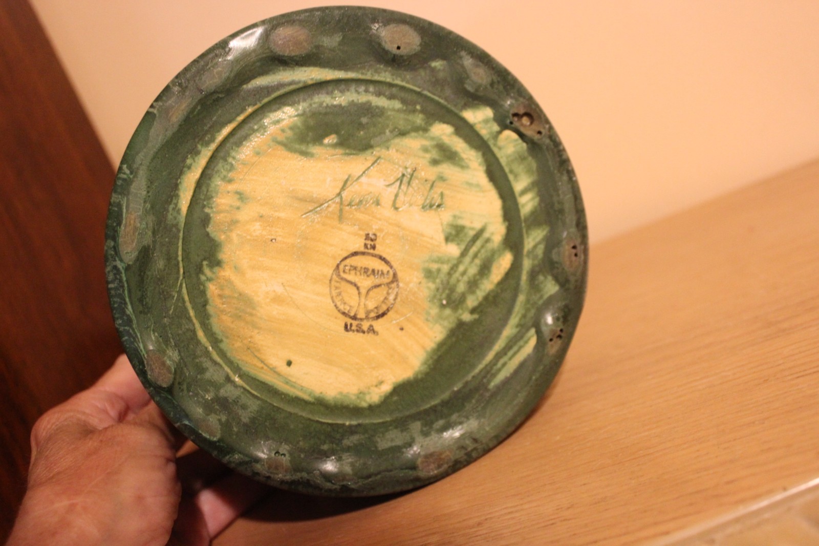 Ephraim Faience Art Pottery Vase Hanging Bat Design Signed By Kevin Hicks