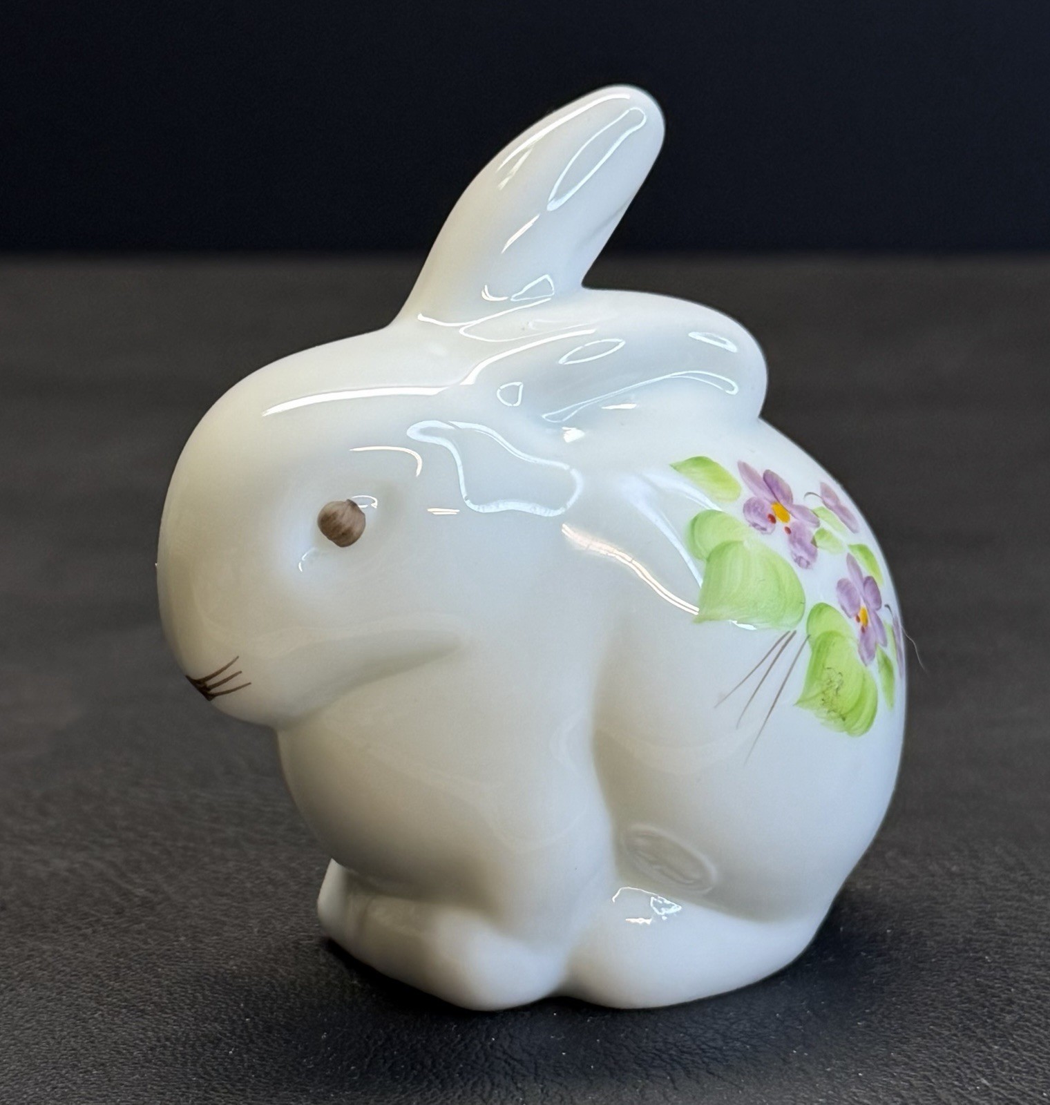 Fenton Bunny ~ Hand Painted “Violets In The Snow” Milk Glass Signed Nancy R