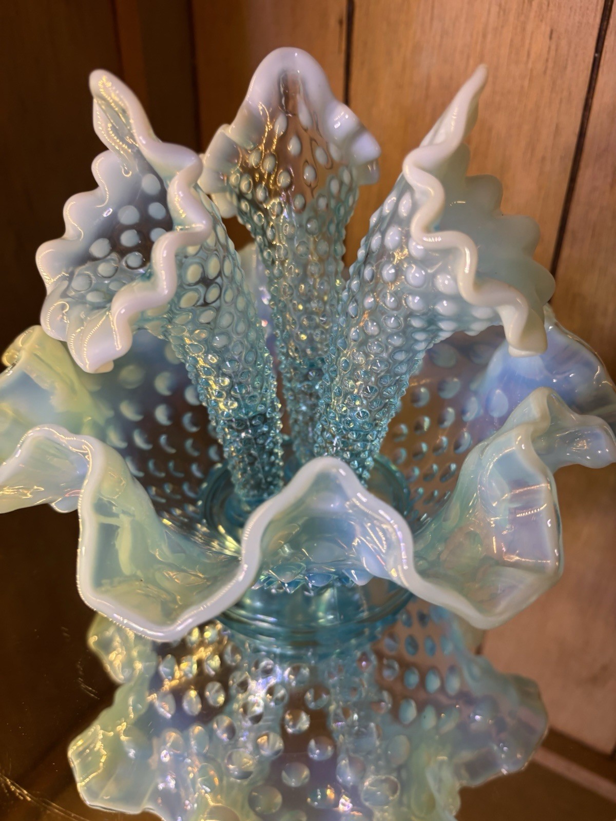 Vintage Fenton Art Glass Blue Opalescent Hobnail 3 Horn Epergne