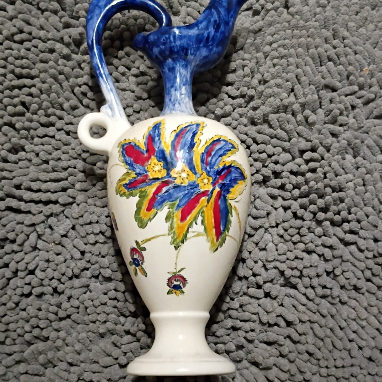 Hand Crafted Vase/Pitcher with Colorful Floral Designs Signed by Artist