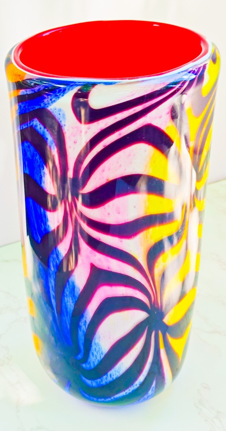 Murano Style Hand Blown Rainbow Art Glass Vase Swirled Ribbon Heavy 6 lb 10”