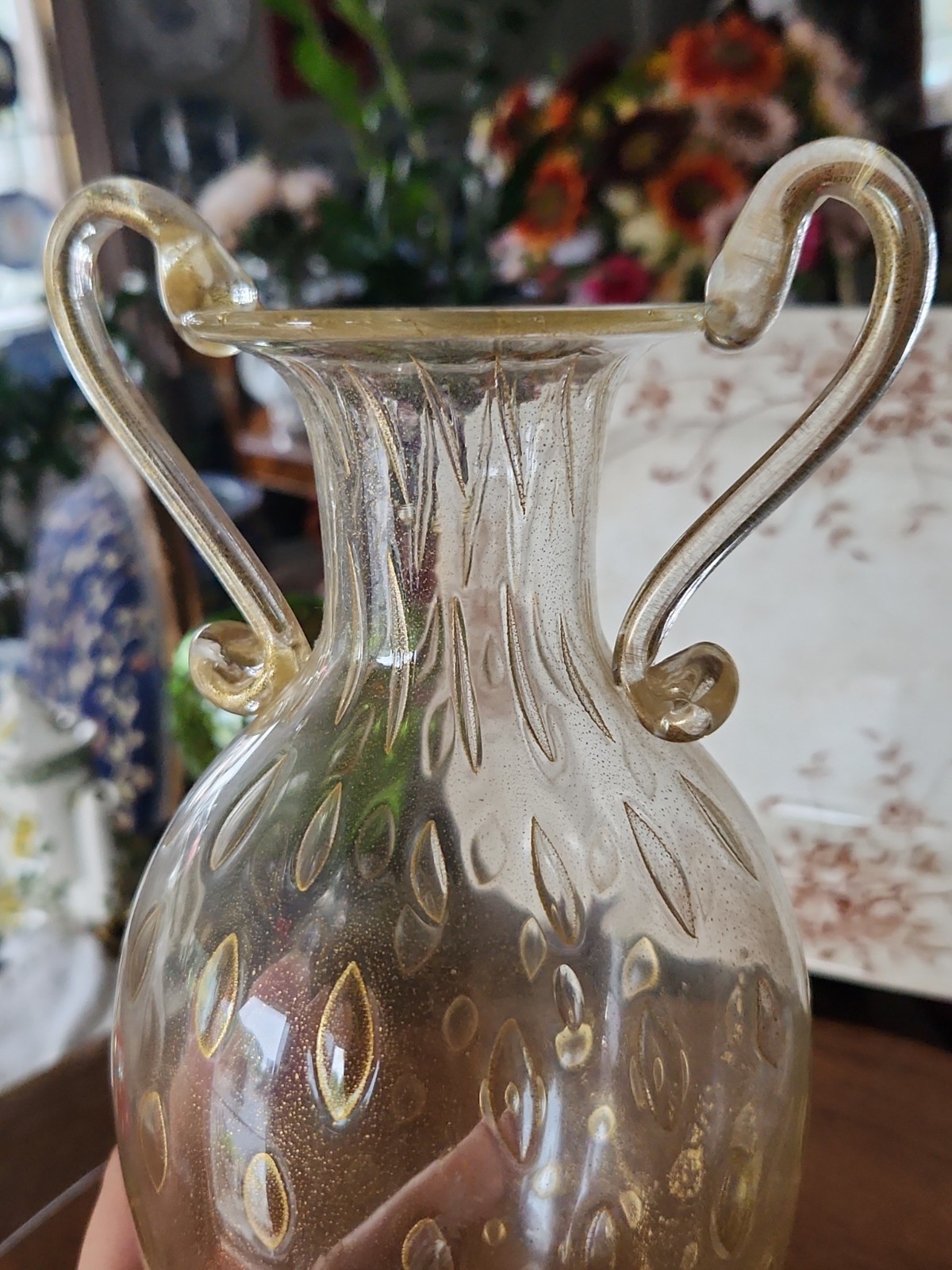 ​Vtg Murano Style Glass Amphora Urn Vase Bullicante Gold Aventurine Two Handles