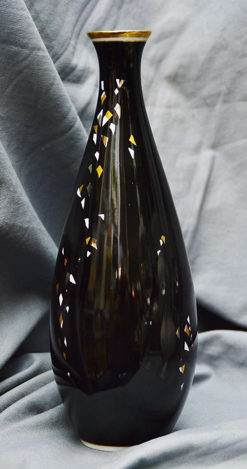 Fifties Vintage Design Vase, Krister, Black, Sgrafito, Gold Silver, 26 cm