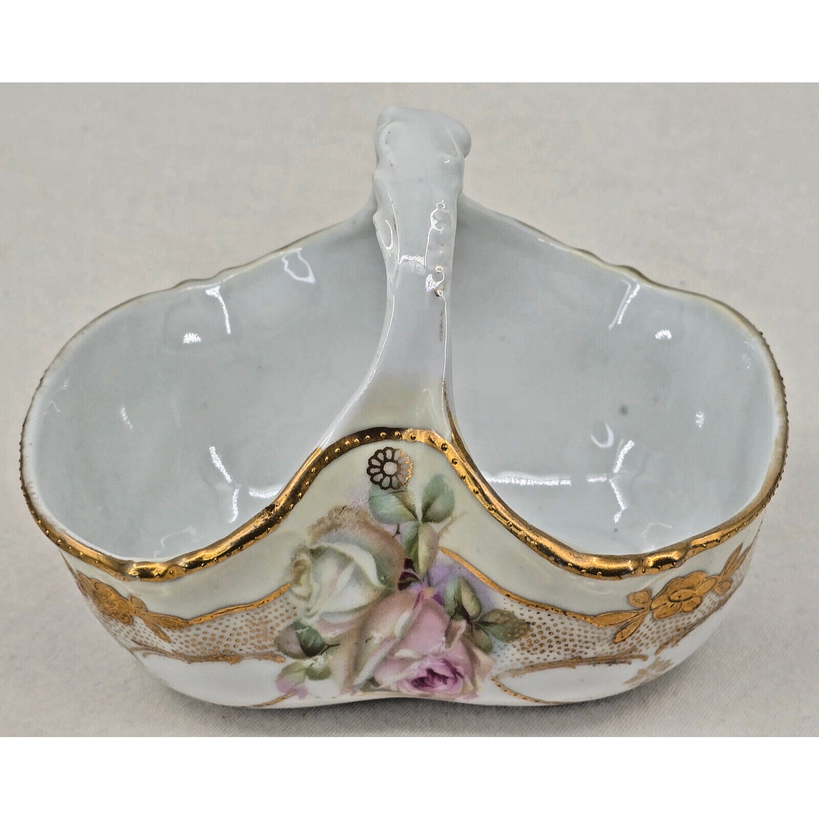 Stunnning VTG Hand-Painted Porcelain Basket with Gold Gilding & Pink Roses-3.75″