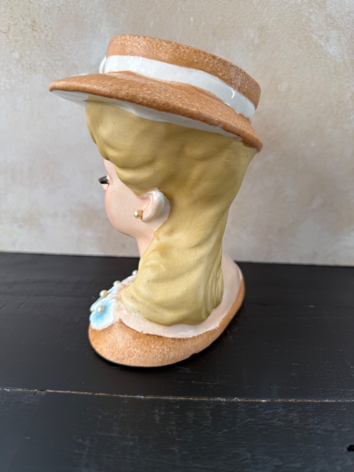 VINTAGE LADY HEAD VASE RUBENS BLONDE BURNT ORANGE DRESS HAT APPLIED FLOWER 5.5”