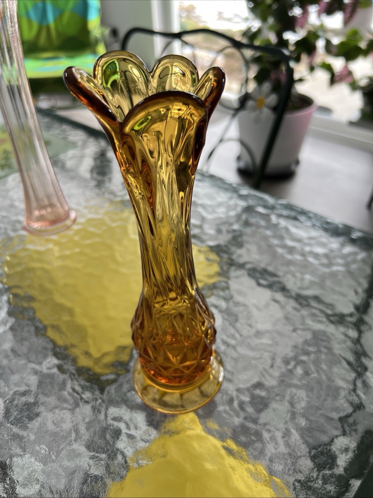 ￼ Vintage Rainbow, Amber swung diamond pattern 8 1/2 inch vase