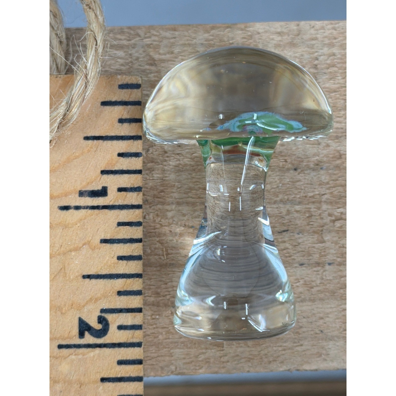 Vintage Hand Blown Art Glass Mushroom Clear Green Blue Swirl 2″