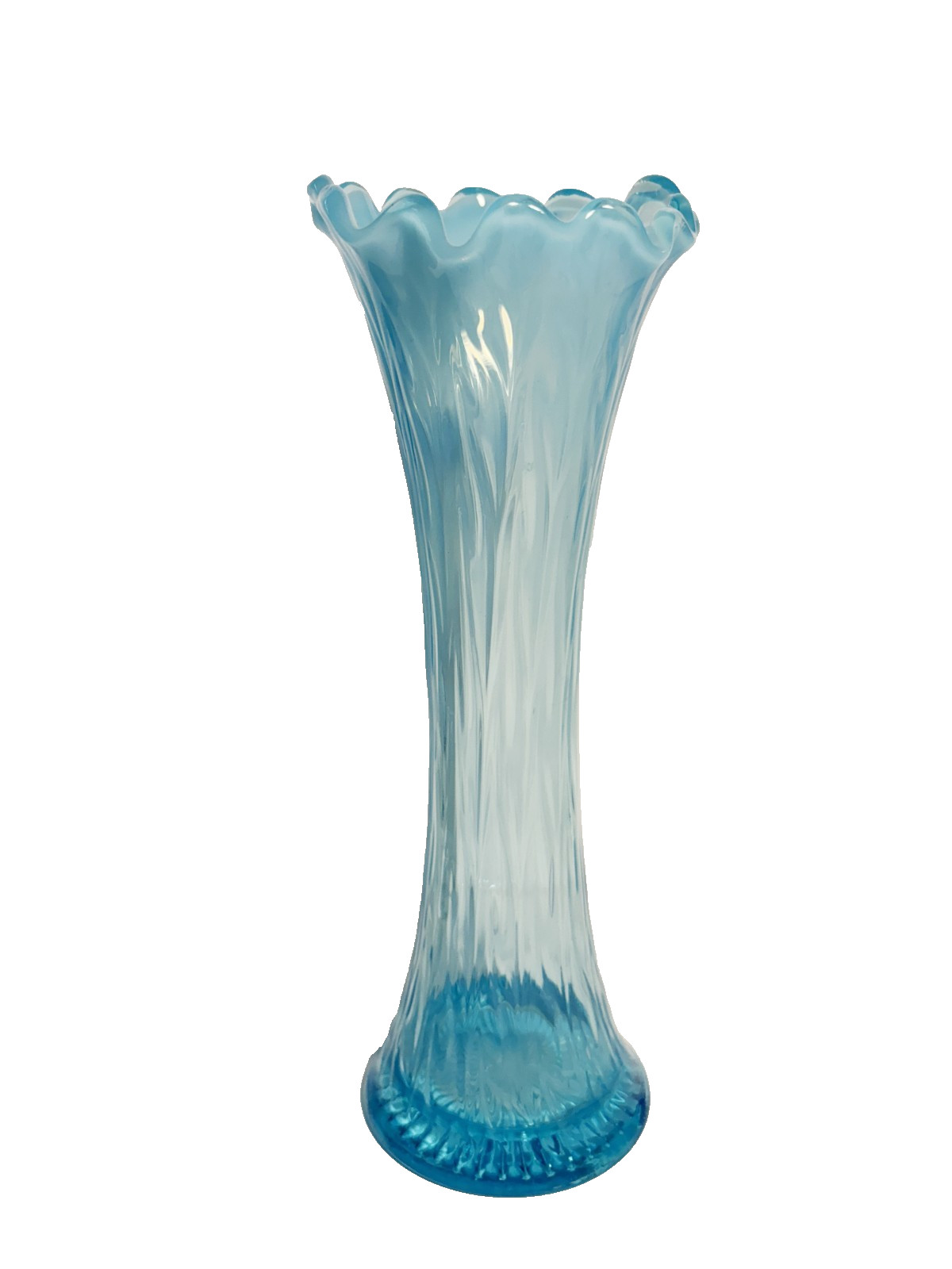 Jefferson Blue Aqua Opalescent Glass Heatherbloom Swung 11″ Vase Intro 1905