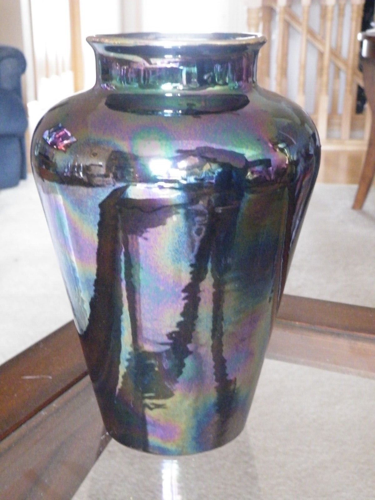 Ceramic Rainbow Iridescent Vase Peacock Carnival 9-1/2″ Tall Signed?? FREE SHIP