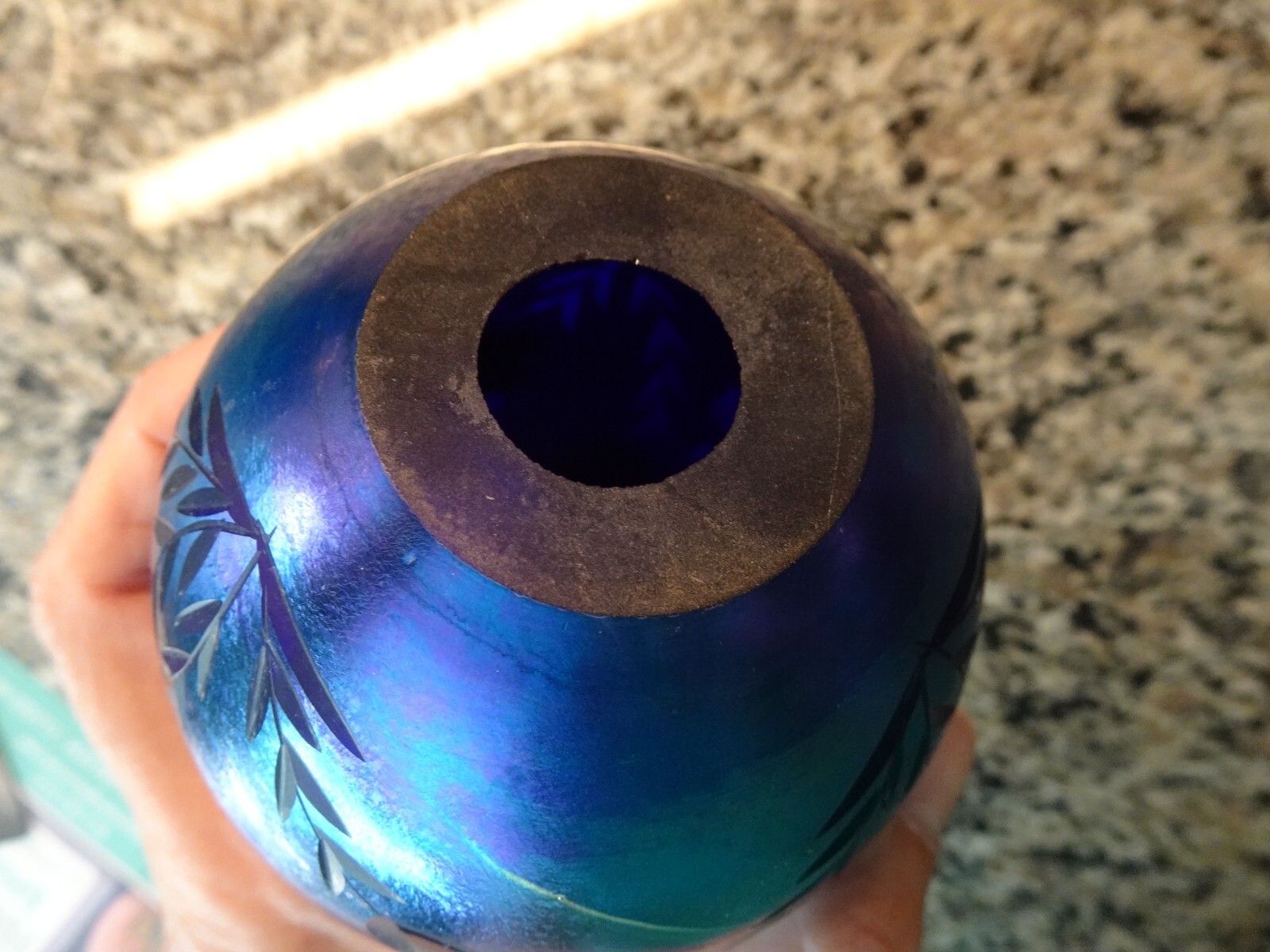 Vintage Vandermark Art Glass Incised Etched Carved Blue Aurene Egg Paperweight