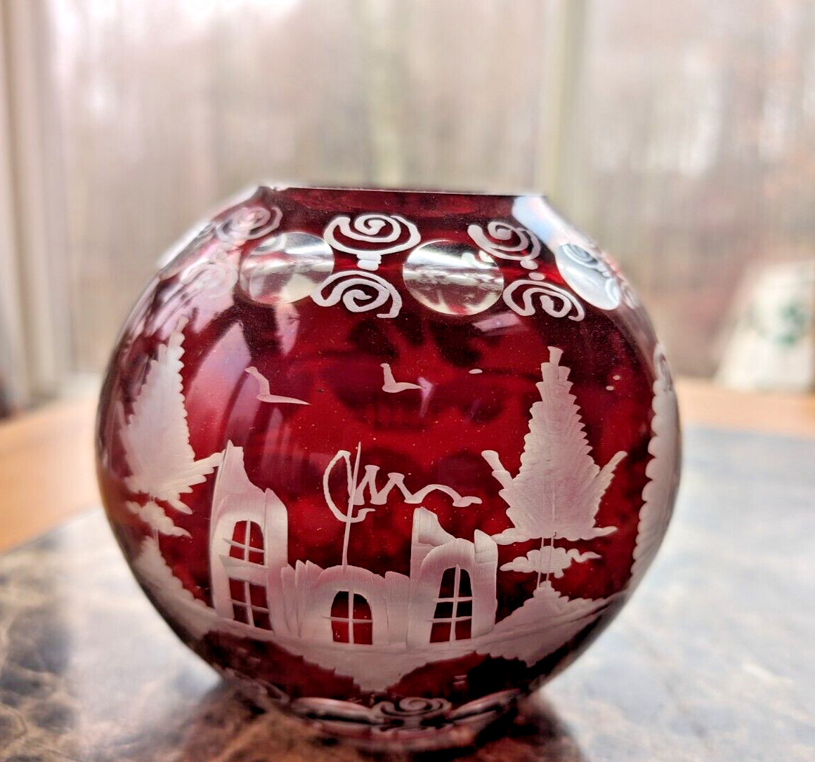 Vintage Bohemian Ruby Red Flash Etched Round Vase Bowl Glass 4.5″ T