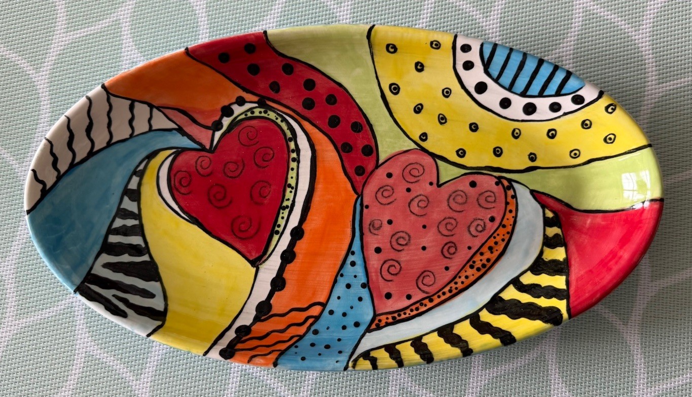 Ceramic Pottery Bowl With Hearts Hand Painted Unique Colorful Art Piece