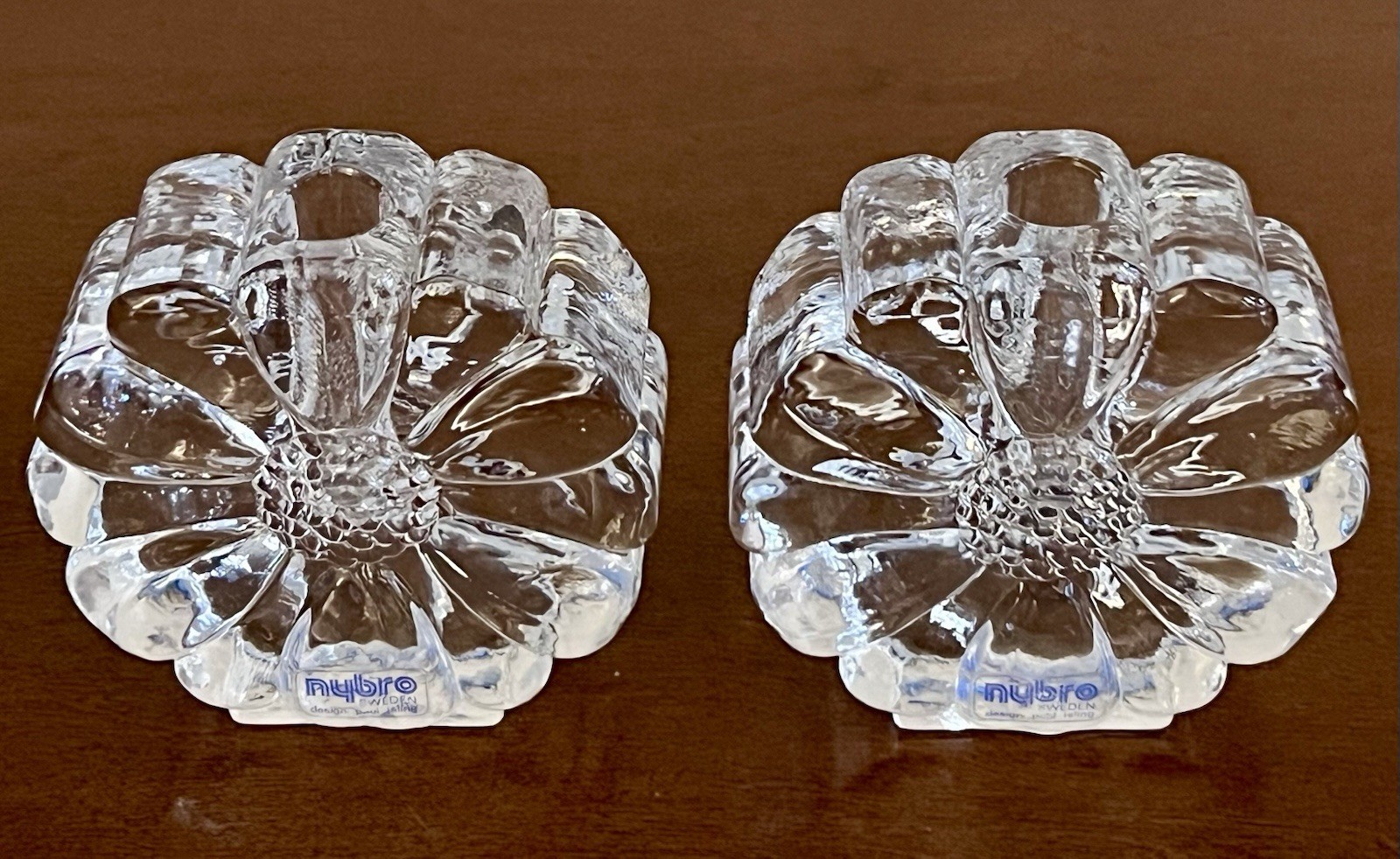 Vtg Nybro Sweden Crystal Flower Candle Holders Pair Paul Isling Daisy Glass