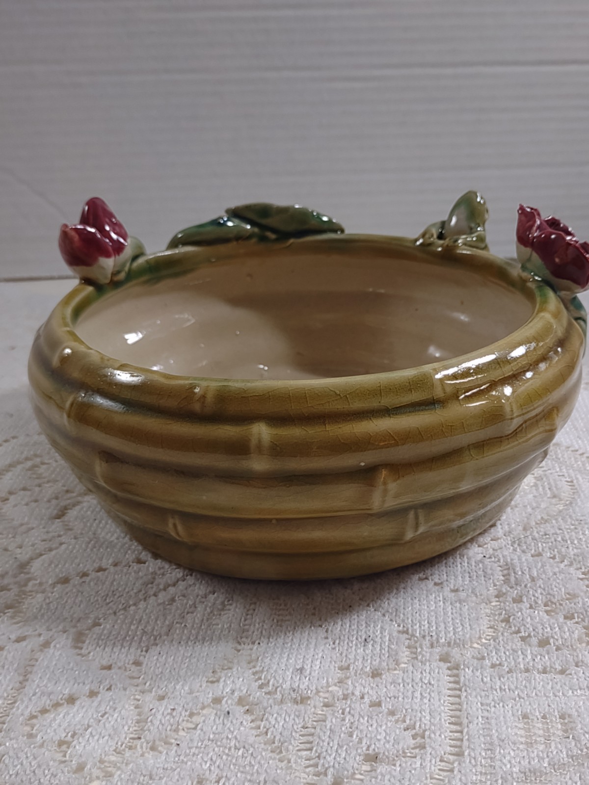Vintage Bamboo Majolica Style Planter W/Frog & Flora Retro Bowl Leaves Nature