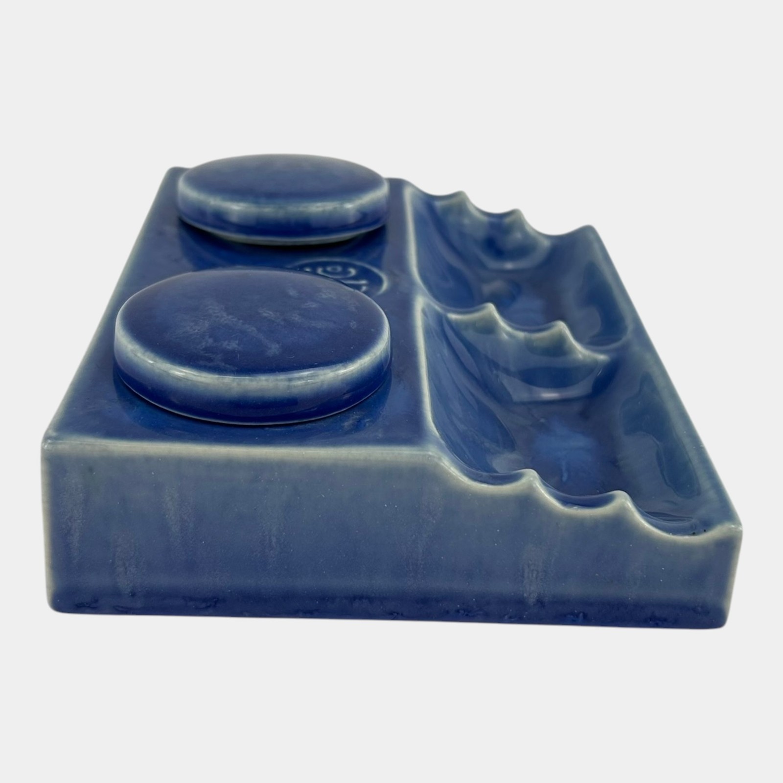 American Encaustic Tile Co AETCO Art Pottery Blue Advertising Ceramic Inkwell
