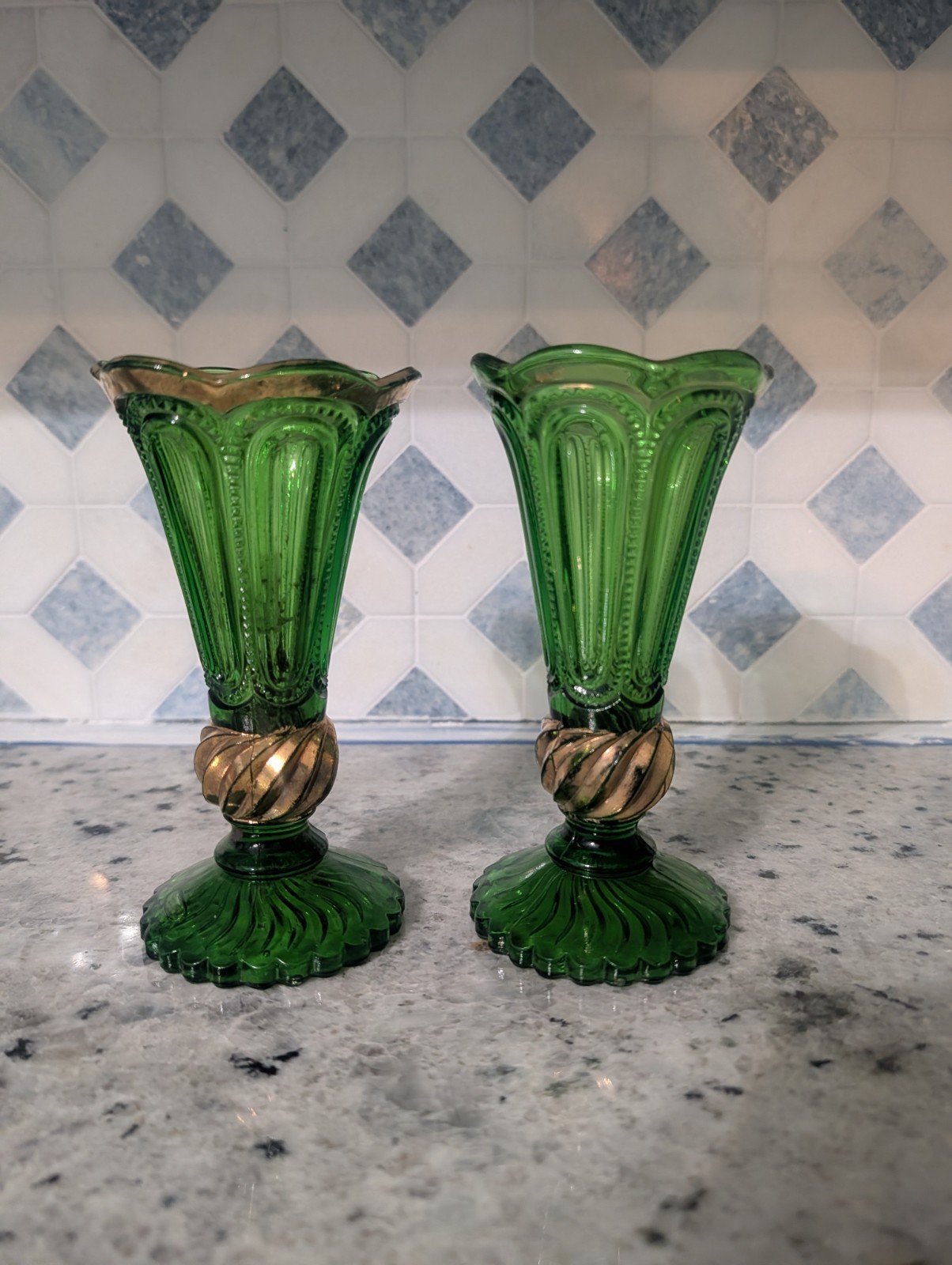 Vintage EAPG U.S.Glass Emerald Green Bud Vase w/Gold circa 1898 (Set of 2)