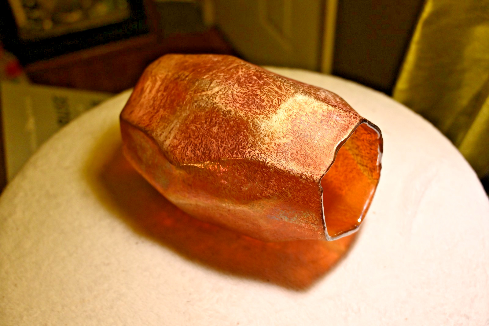 Vintage Hand Blown Iridescent Copper Art Glass Vase Faceted Studio Glass