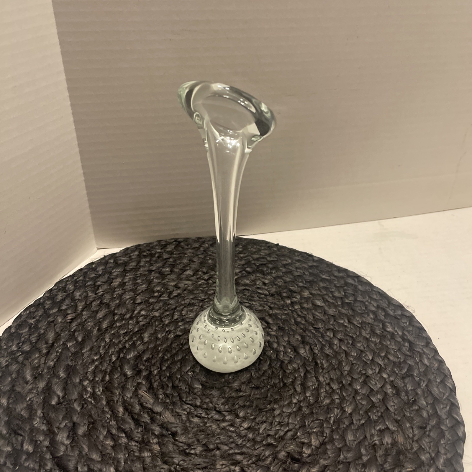 Jack in the Pulpit Vintage Art Glass Bone Vase in Clear W/ Bubbles 9.25” Tall