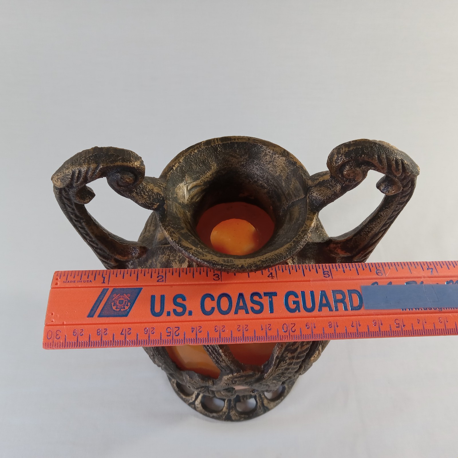 Vintage Caged Amber Orange Glass Urn RARE Hummingbird & Floral Metal Overlay