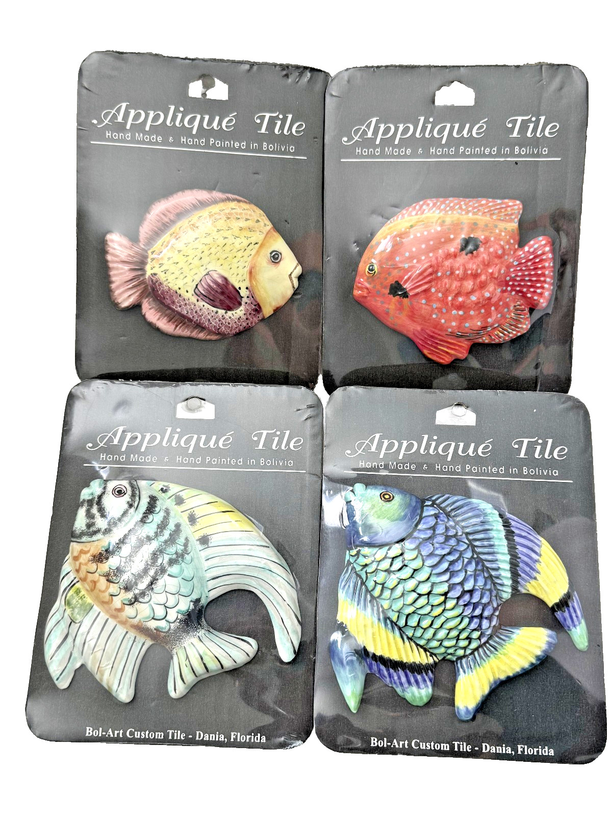 BOLART – CUSTOM CERAMIC ART TILES – SET OF 4 – TROPICAL FISH – NEW
