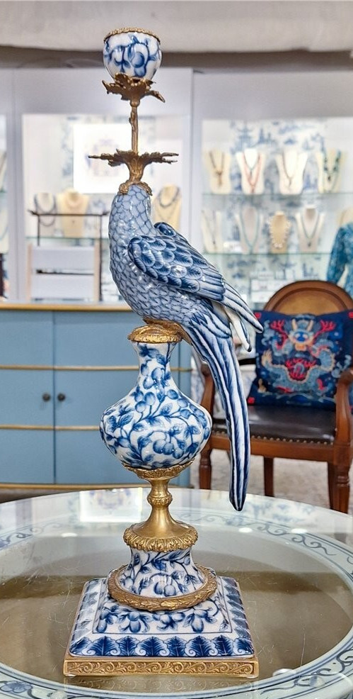 PORCELAIN PARROT CANDLE HOLDER WITH BRONZE ORMOLU- BLUE AND WHITE (LEFT)-19”H
