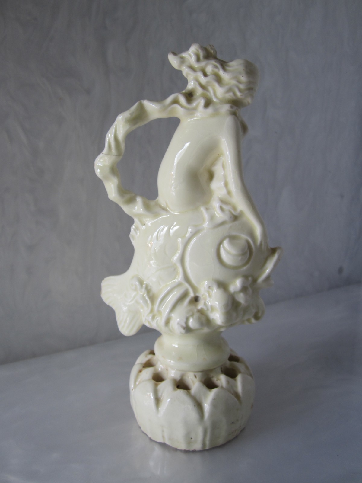 ANTIQUE ART NOUVEAU GERMAN PORCELAIN MERMAID RIDING FISH FIGURAL FLOWER FROG