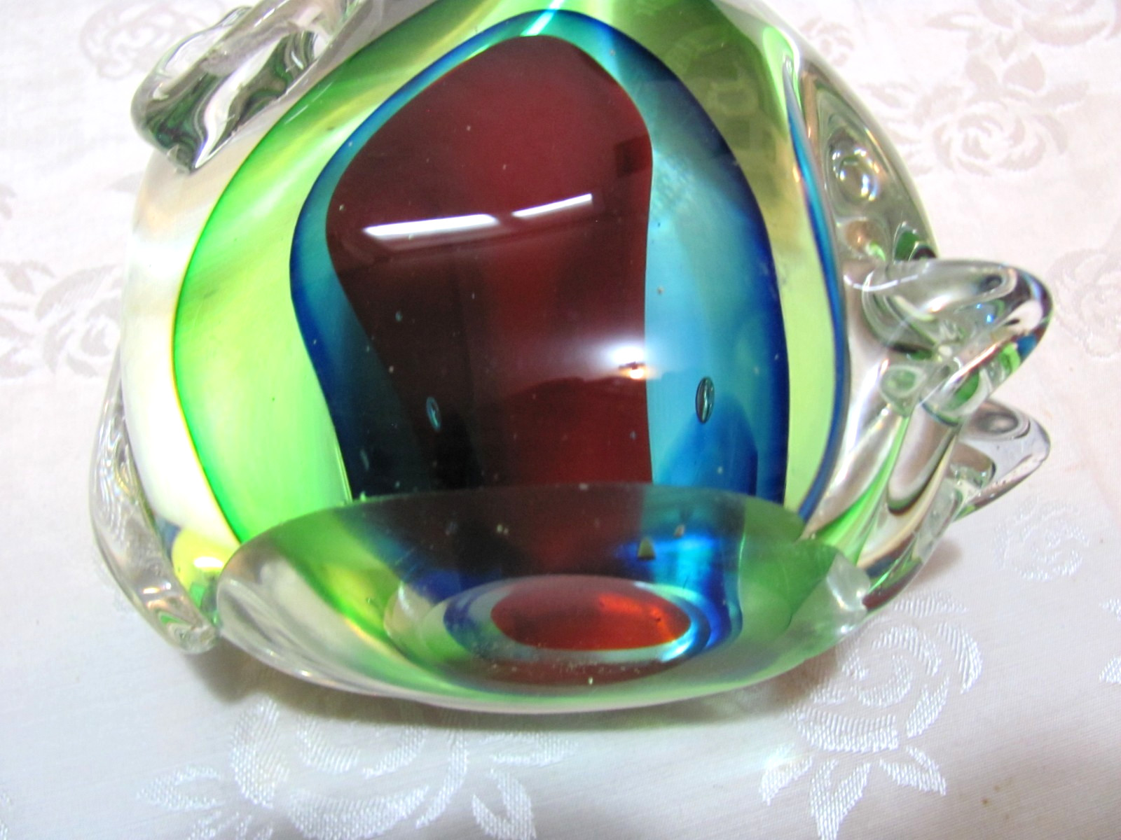 Large Murano Style Green. Red & Blue Sommerso Blown Glass Cat. Paperweight. Nice