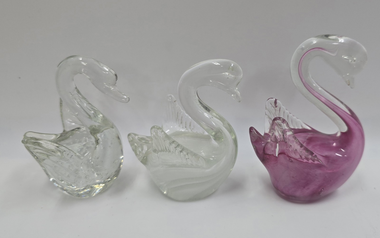 Set of 3 Hand Blown Glass Swan Figurines Clear White Pink Decorative Art Glass