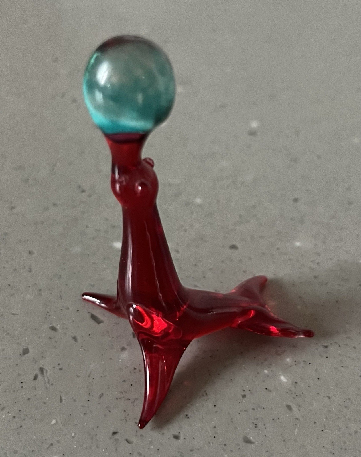 Vintage Murano Blown Glass Seal W Ball Red Blue Italian Miniature 2” Venetian